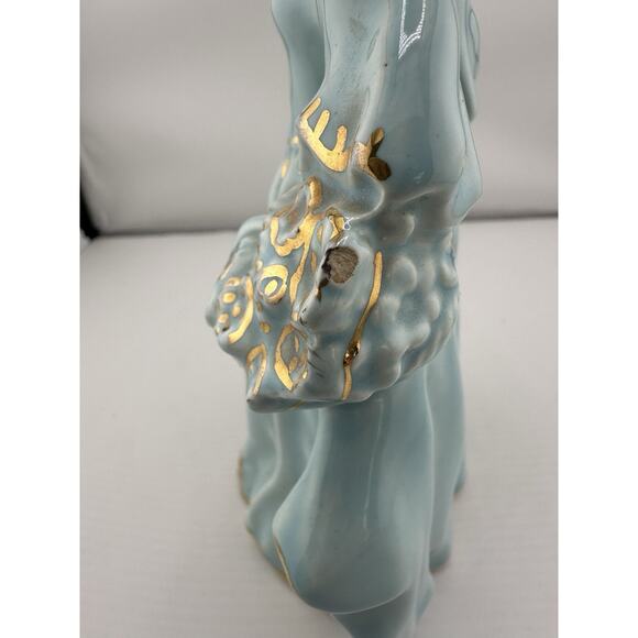 Vintage Porcelain Victorian Style Lady w/ Baskets Figurine Turquoise Glaze Gilt - Picture 7 of 9